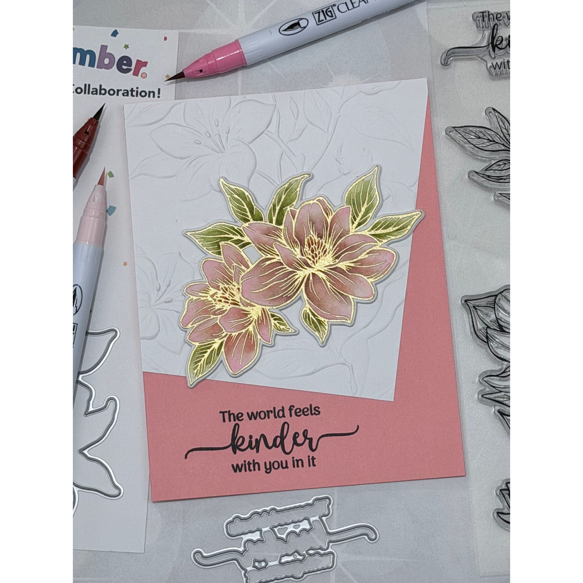 Gina K Designs Life’s Best Moments STAMPtember Exclusive Stamps Dies and Stencils Floral Friend Card Peachy Pink and Gold Metallic