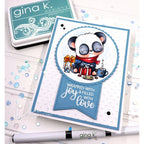 Card with panda design and 'Wrapped with joy & filled with love' text, featuring Gina K. Designs products.