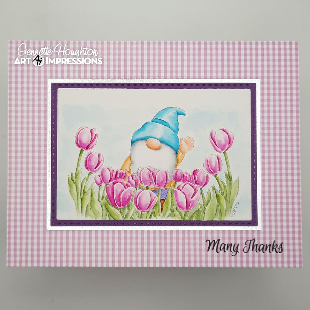 Gingham Background Card with Tulips and Gnome
