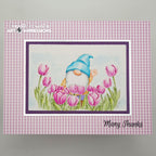 Gingham Background Card with Tulips and Gnome