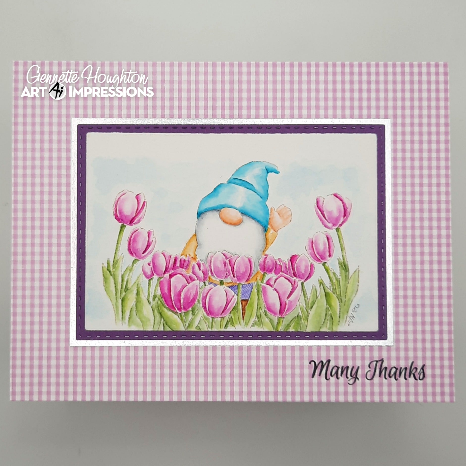 Gingham Background Card with Tulips and Gnome