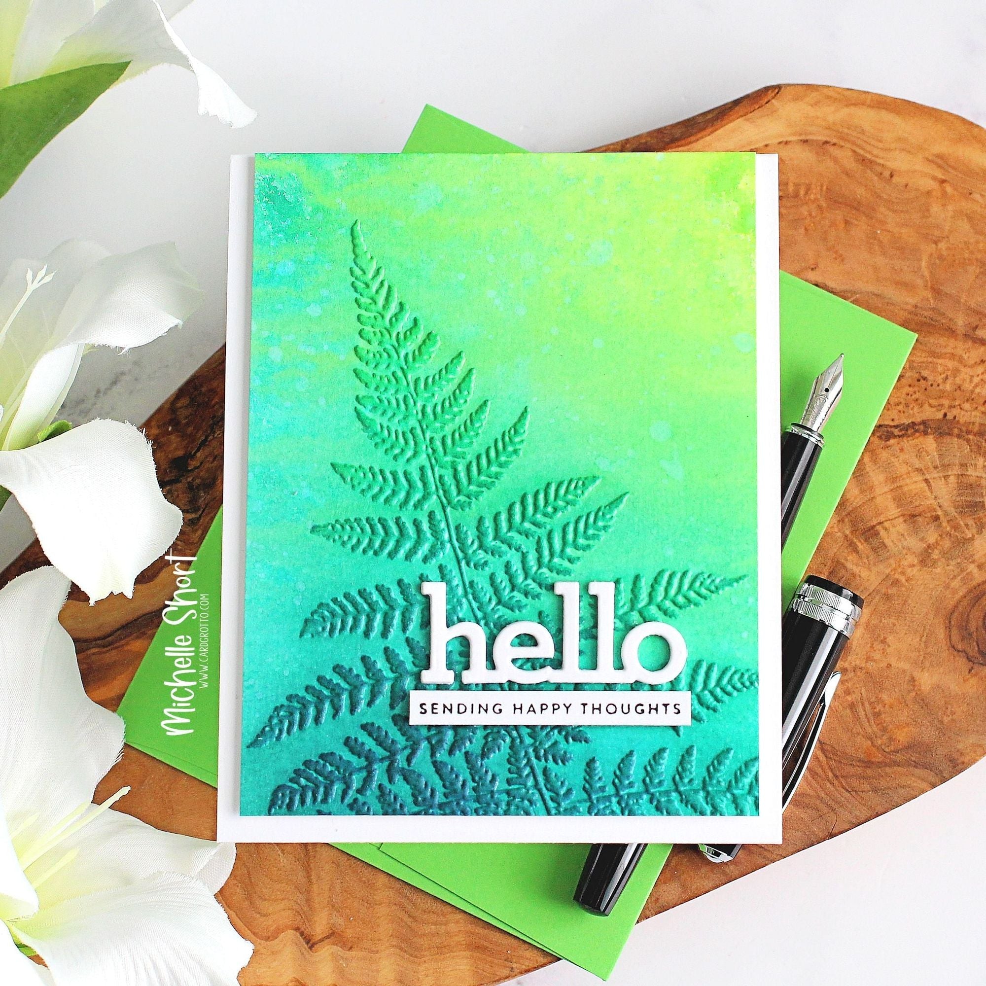 Simon Says Stamp Embossing Folder Golden Fern sf314 Just A Note Hello Card | color-code:ALT01