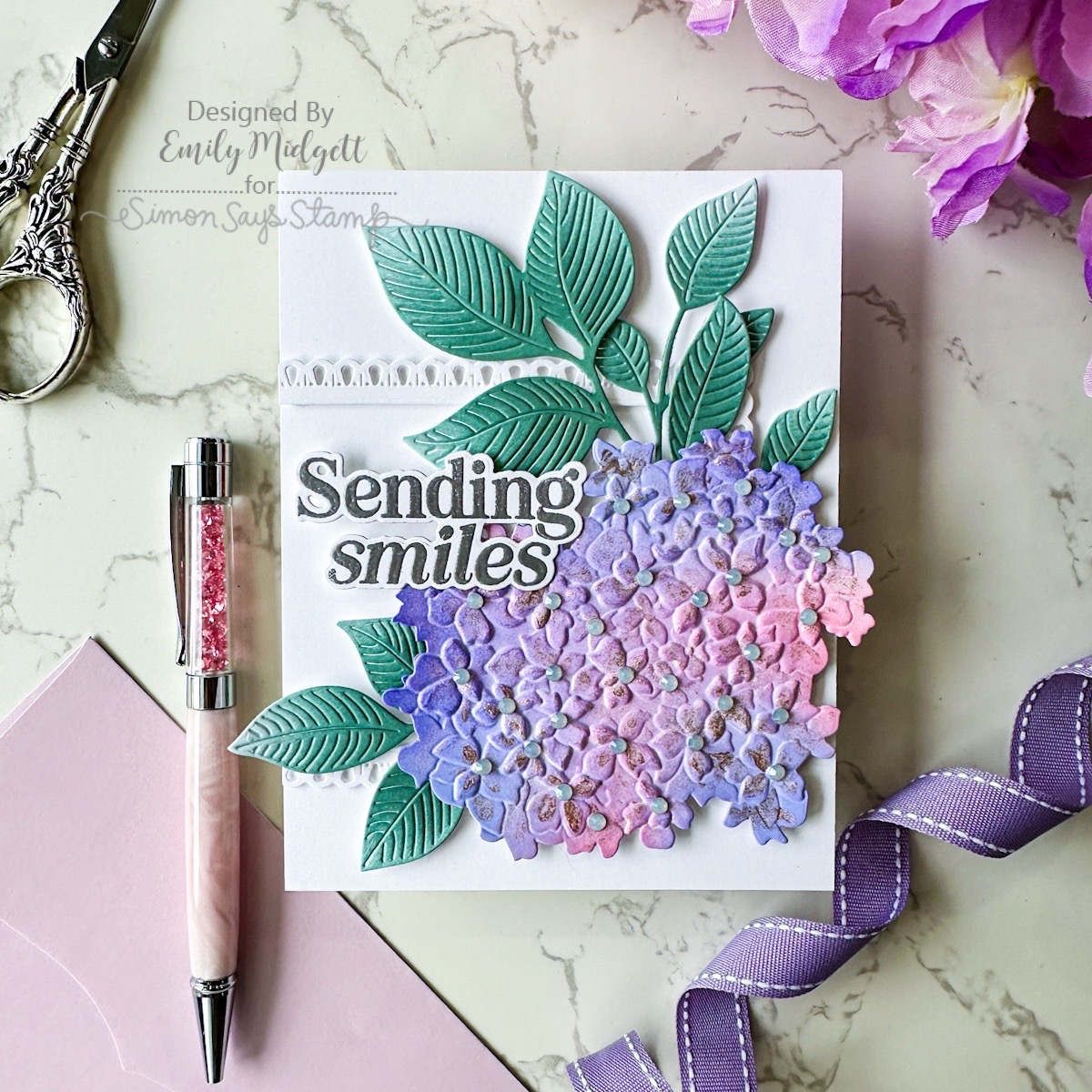 Simon Says Stamp Embossing Folder and Cutting Dies Gorgeous Hydrangea sfd576 Always There Emily Midgett Blue Smiles Card