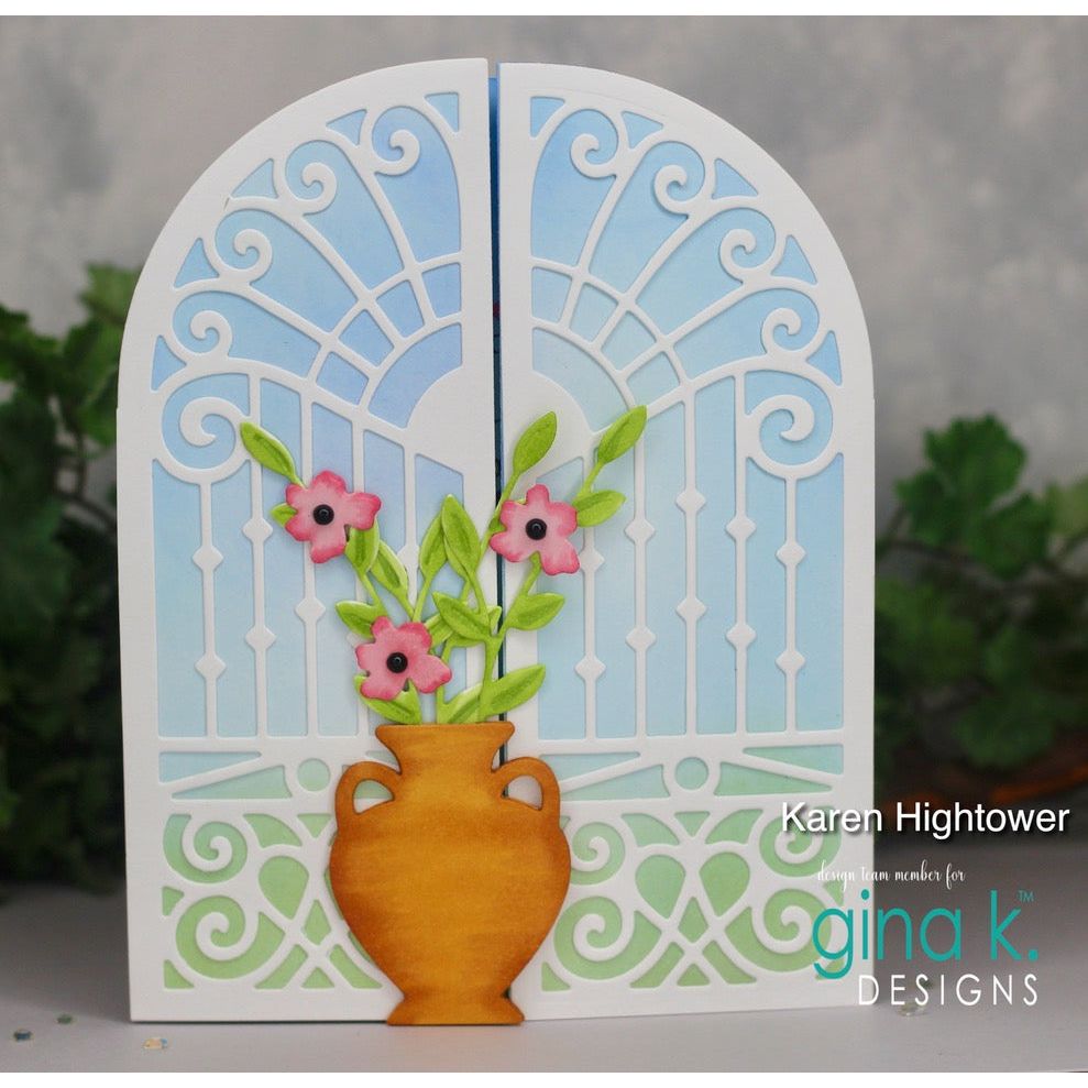 Grand Garden Gate Rounded Arch Shaped Card with vase and flowers