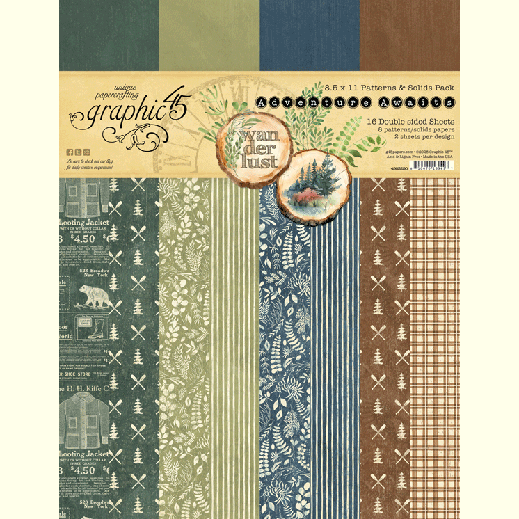 Graphic 45 Adventure Awaits 8.5 x 11 Patterns and Solids Paper Pad 4503250