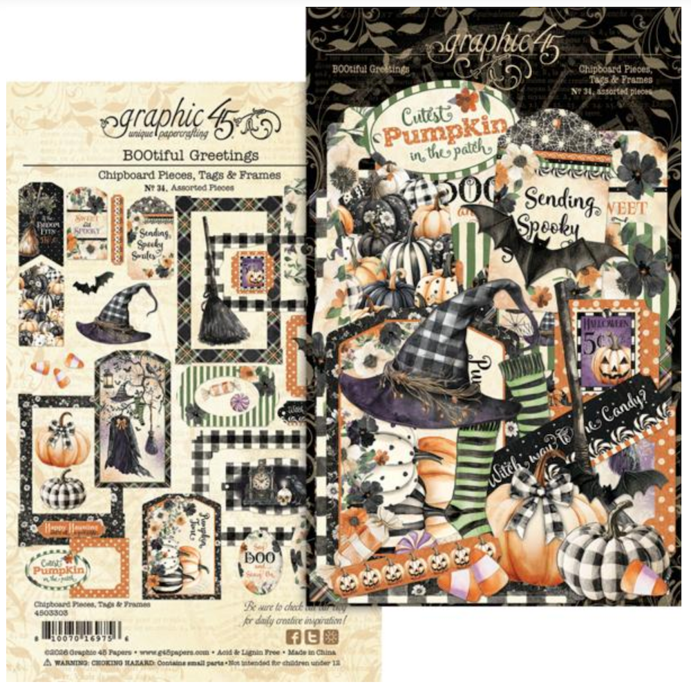 Graphic 45 BOOtiful Greetings Chipboard Pieces Tags and Frames Assortment 4503303