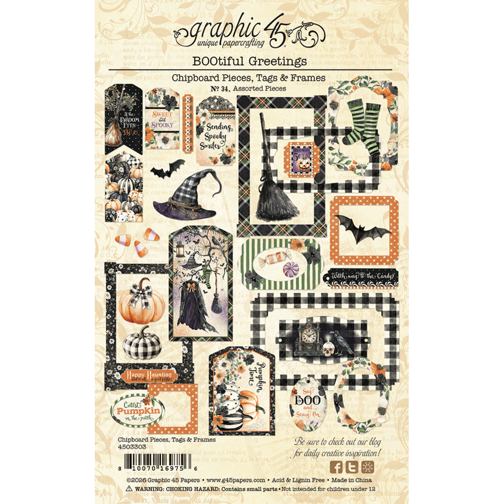 Graphic 45 BOOtiful Greetings Chipboard Pieces Tags and Frames Assortment 4503303 product