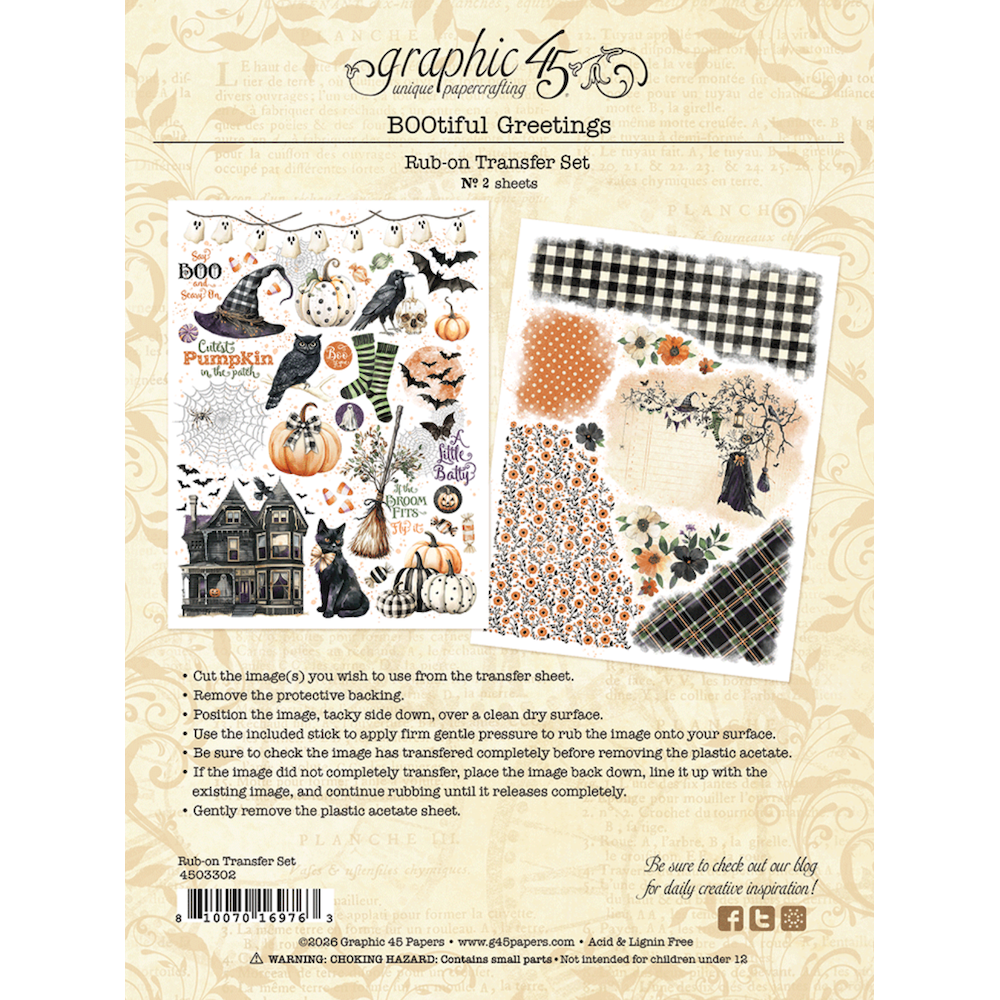 Graphic 45 BOOtiful Greetings Rub-On Transfers 4503302 backer