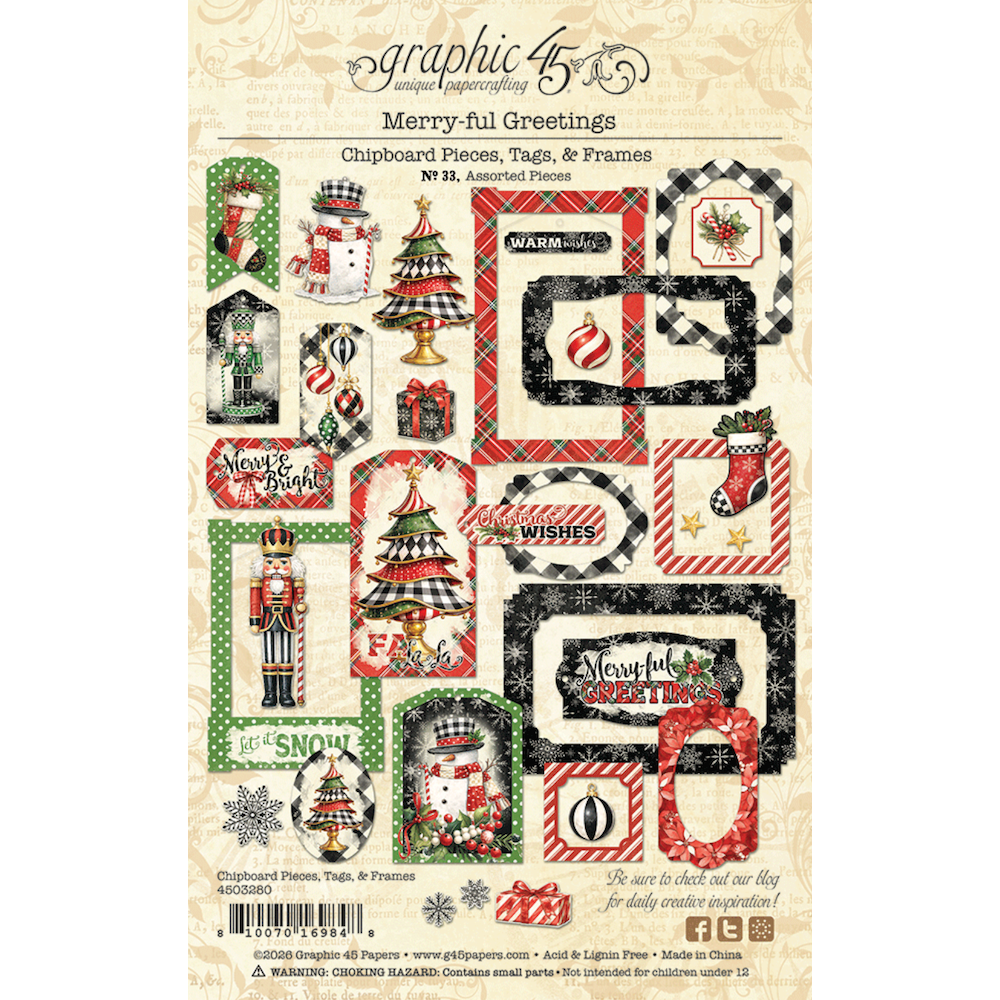 Graphic 45 Merry-ful Greetings Chipboard Pieces Tags and Frames Assortment 4503280 backer