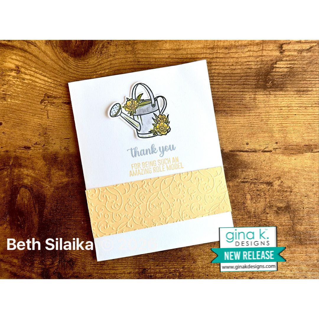 Greeting card with a watering can design and the sentiment 'thank you for being such an awesome role model'
