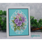 Greeting card with floral design and 'Hello' text on a blue background