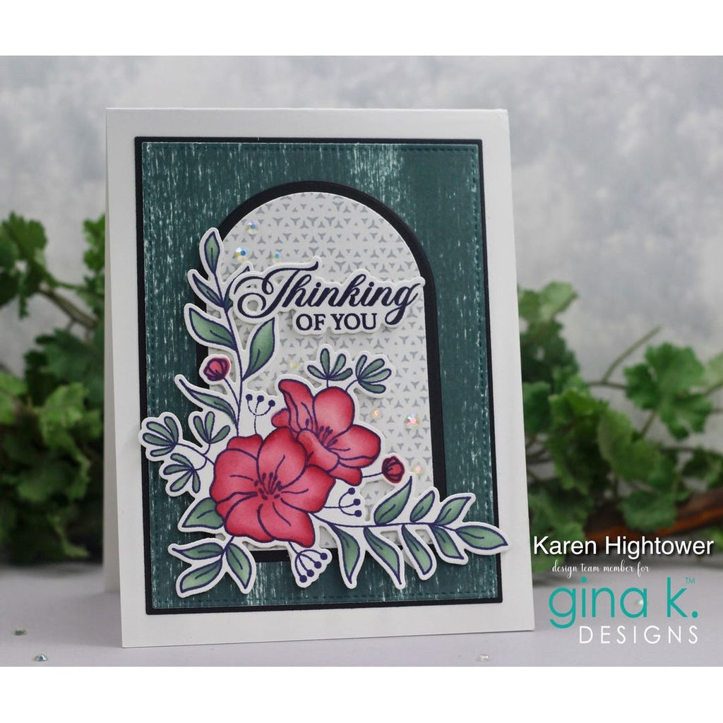 Greeting card with floral design and 'Thinking of You' text, featuring Karen Hightower and Gina K. Designs branding.
