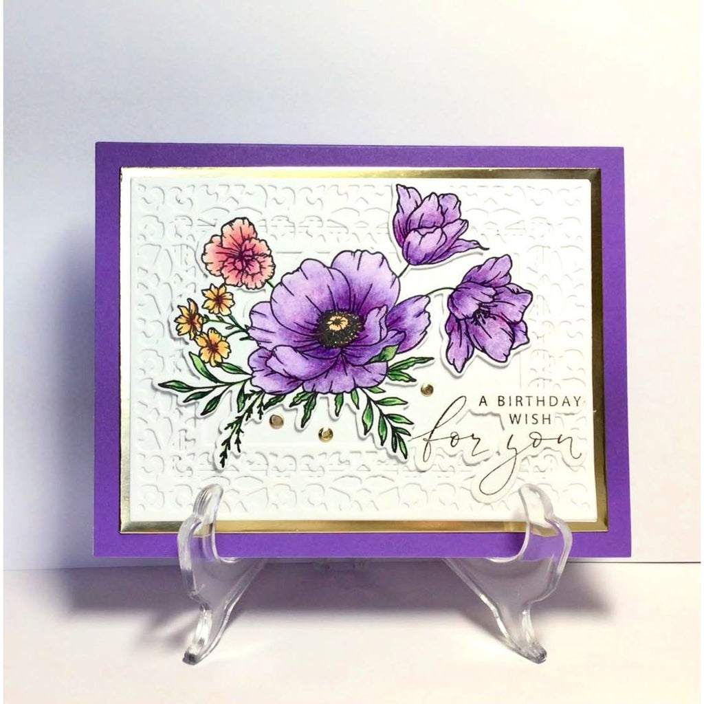 Greeting card with purple flowers and 'A Birthday Wish for You' text on a white background