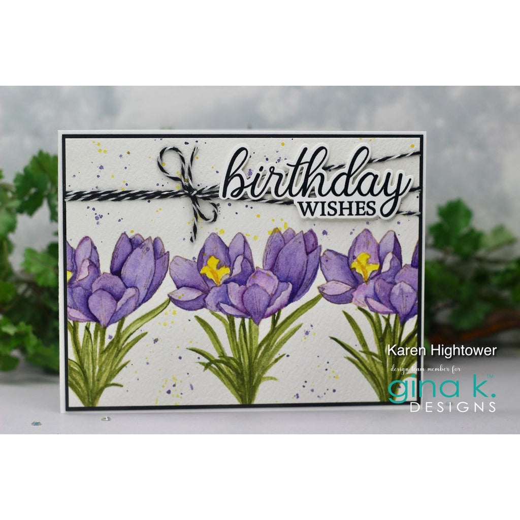 Greeting card with purple flowers and 'Birthday Wishes' text, featuring the artist's name.