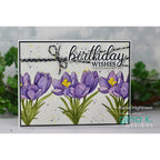 Greeting card with purple flowers and 'Birthday Wishes' text, featuring the artist's name.