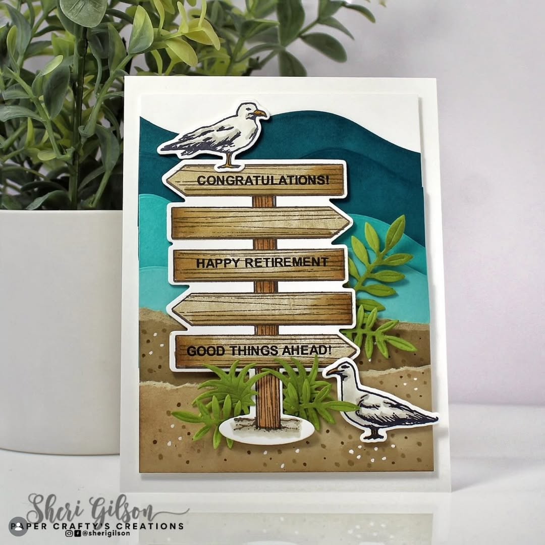 Greeting card with wooden signpost design featuring birds and text on a white background.