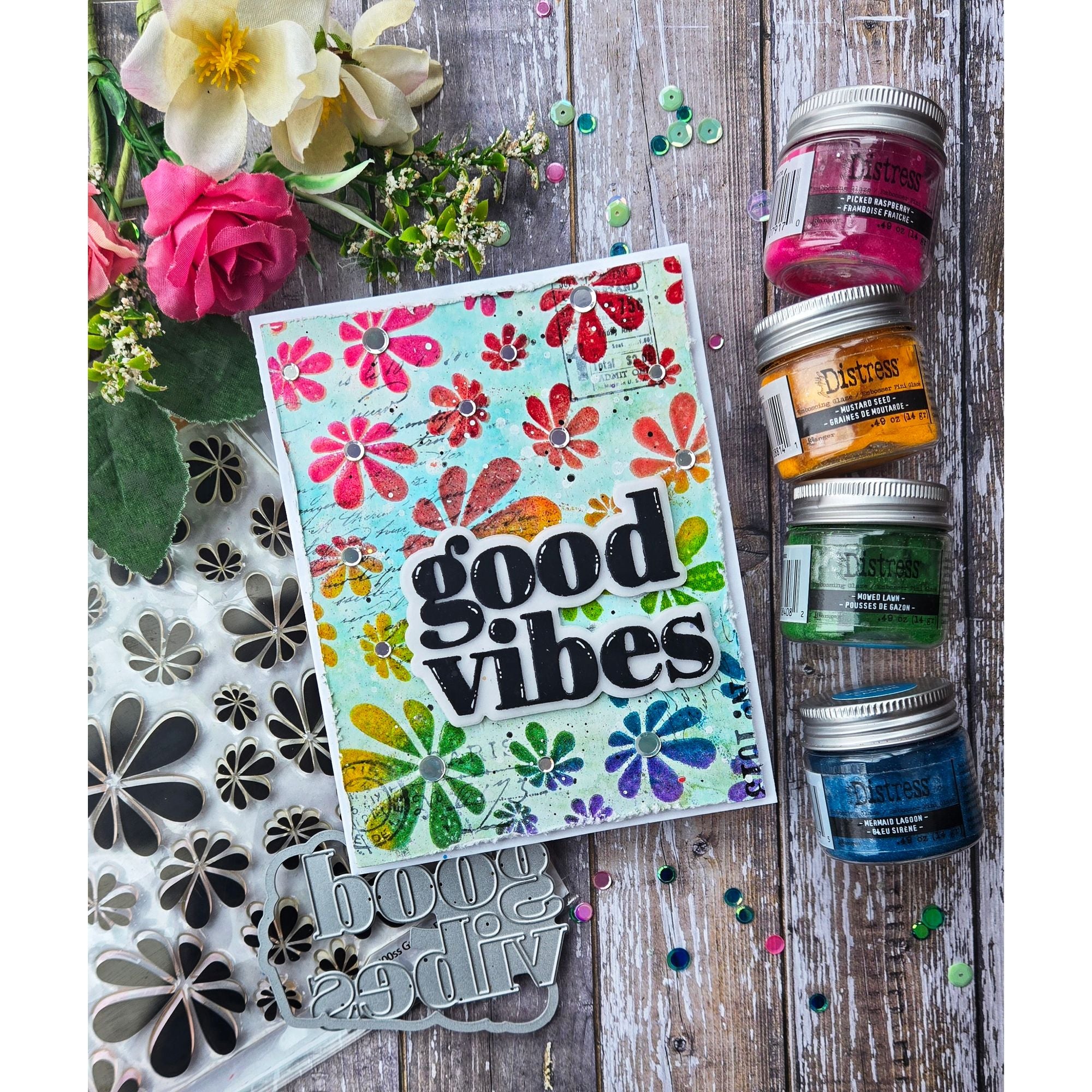 Simon Says Clear Stamp Groovy Daisies 1300ss Beautiful Moments Good Vibes Card