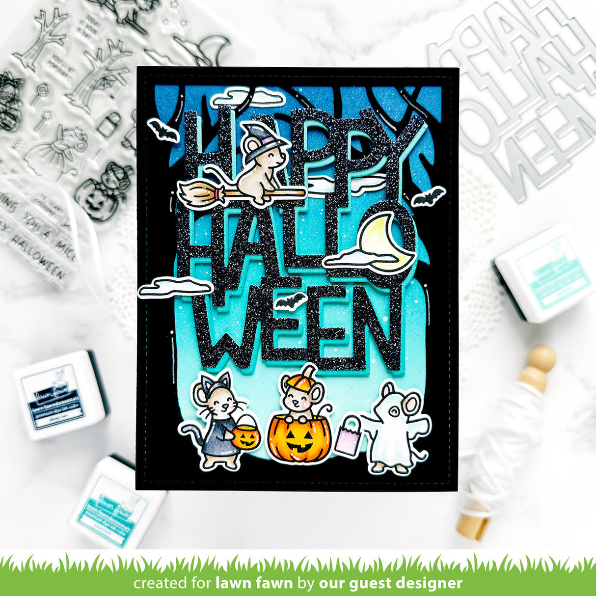 Halloween-themed card with decorative elements on a white background