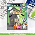 Halloween-themed sticker set with a haunted house, ghosts, and other elements on a green background. | color-code:alt1
