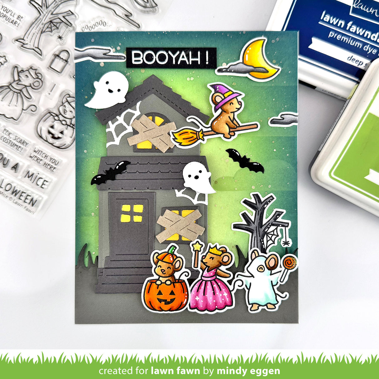 Halloween-themed sticker set with a haunted house, ghosts, and other elements on a green background. | color-code:alt1