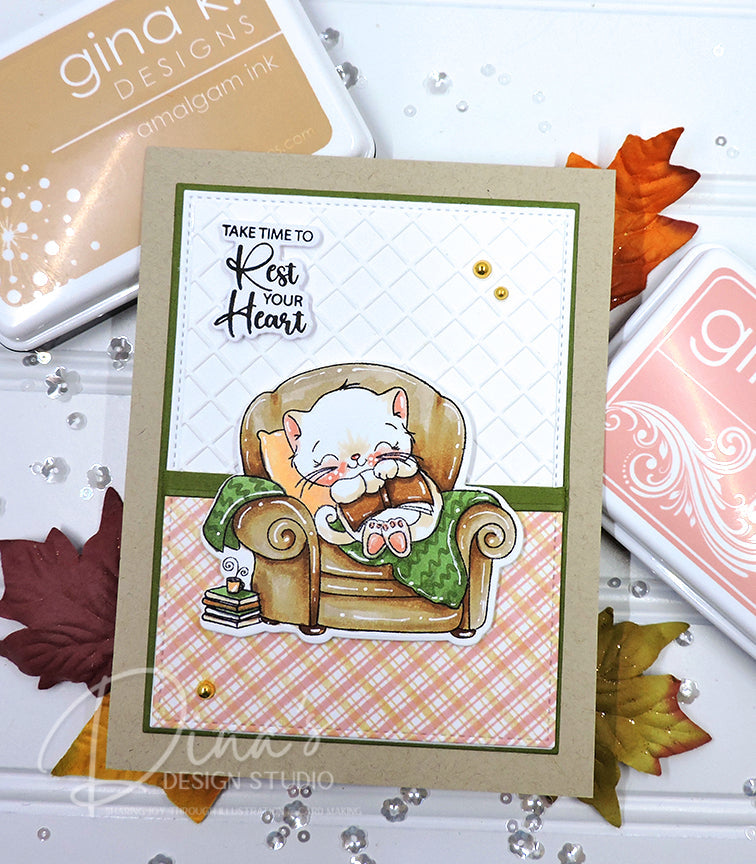 Handmade Card with Cat Cuddled in Comfy Chair with Sentiment 'Take Time to Rest Your Heart'