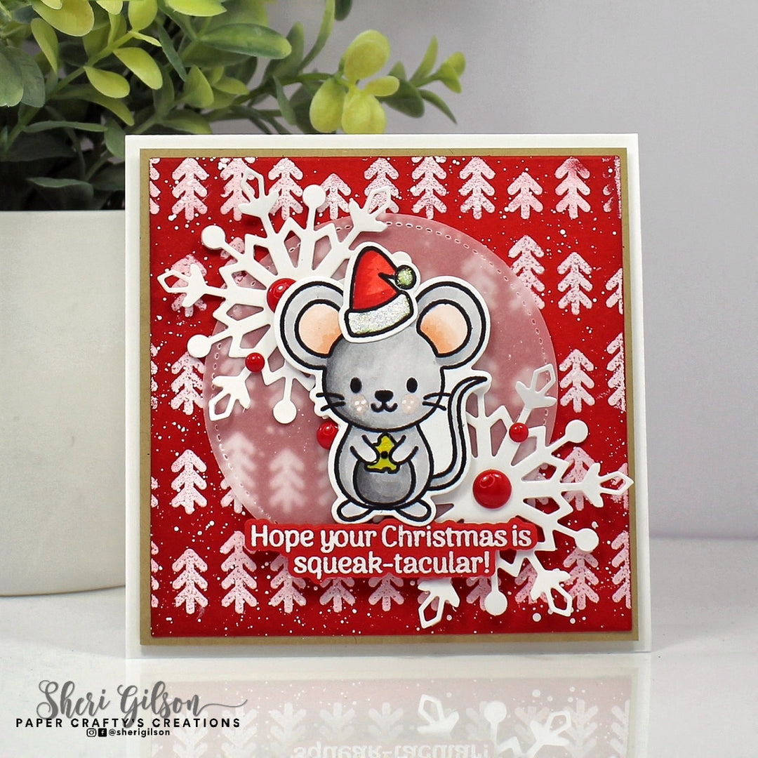 Handmade Holiday Card Red with Tree Background Featuring Mouse with Santa Hat and Sentiment 'Hope Your Christmas is Squeak-Tacular!'
