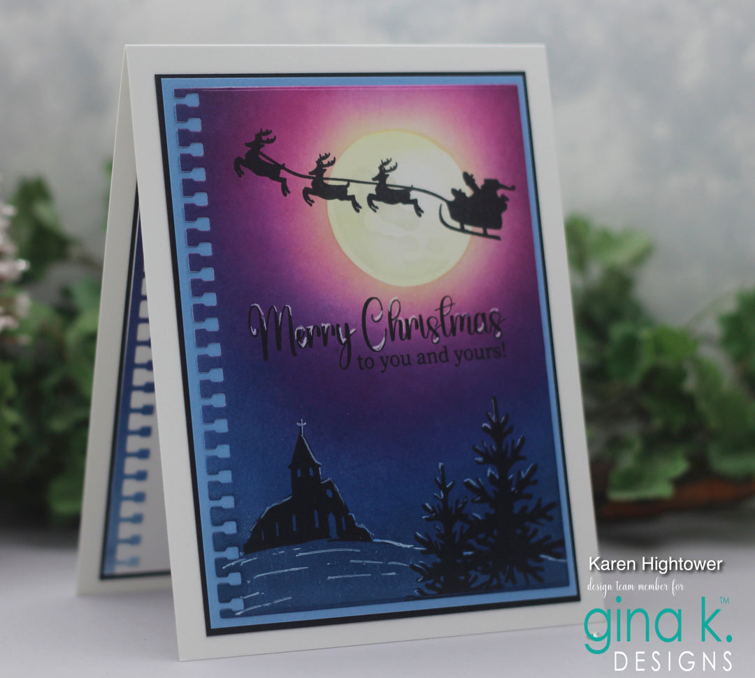 Handmade Holiday Card featuring santa and reindeer on the silhouette of a bright moon and night sky with sentiment 'merry christmas to you and yours'