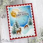 Handmade Holiday Card with Postage Border Snowy Scene Grazing Deer and sentiment 'Wishing you a joyful holiday'