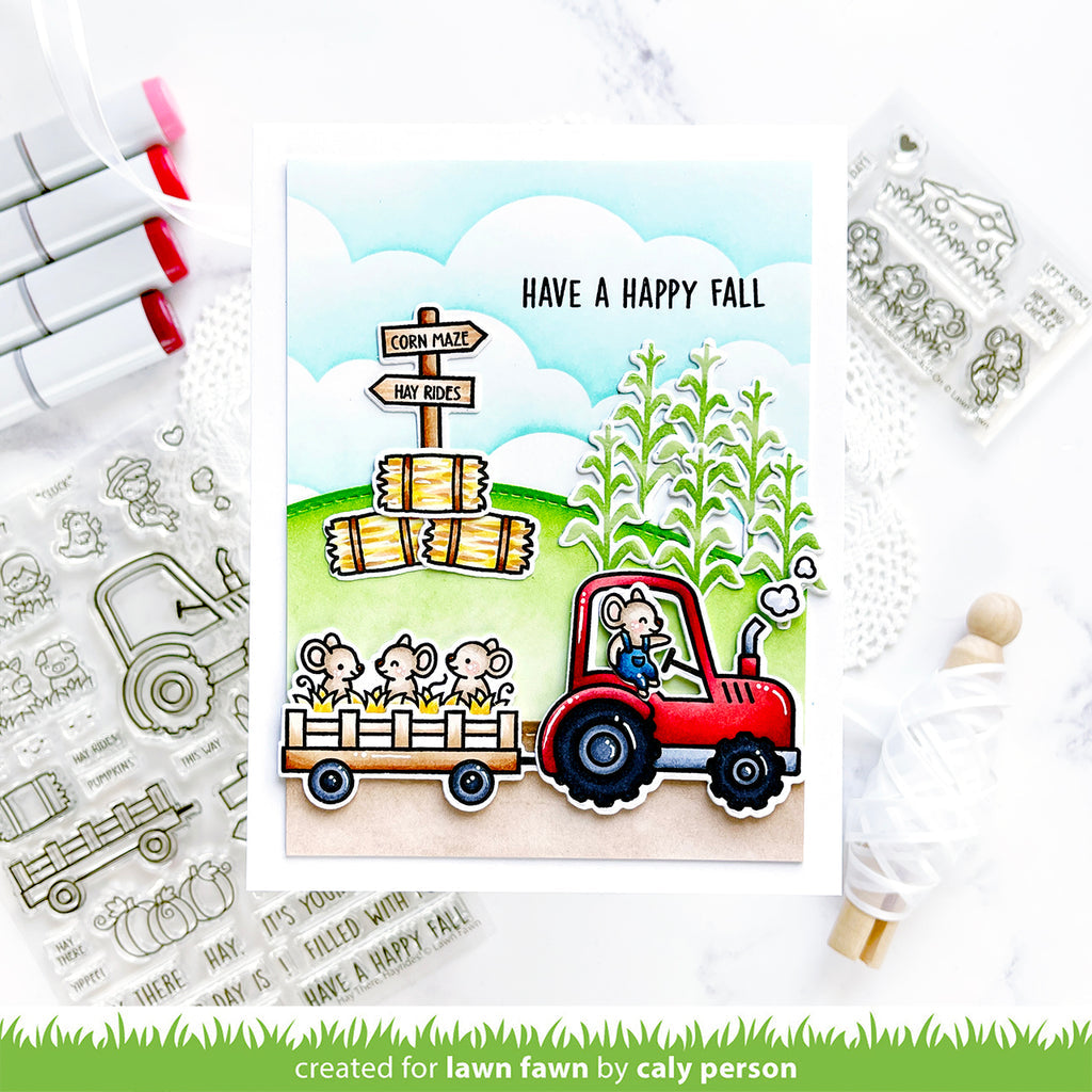 Lawn Fawn Set Hay There, Hayrides! Clear Stamps and Dies have a happy fall | color-code:alt1