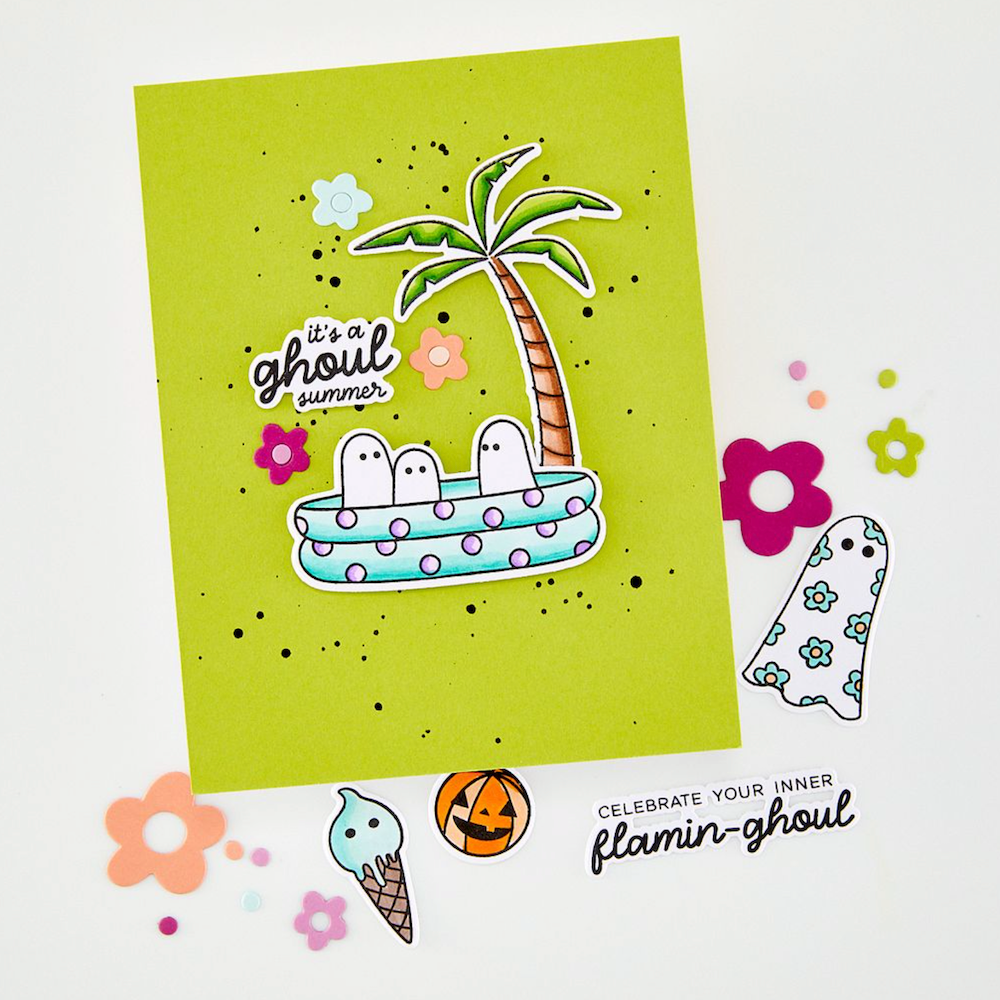 Hero Arts Beach Boos Clear Stamp and Die Set dc360 ghosts in pool and palm tree