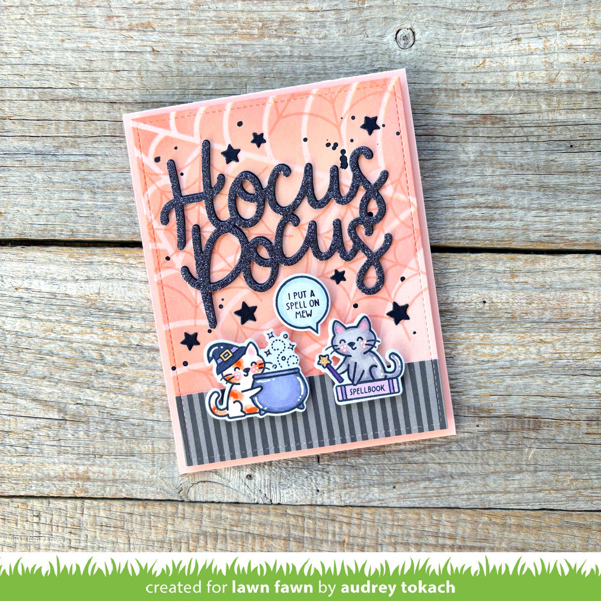 Lawn Fawn Hocus Purr-cus! Stamps lf4186 Hocus Pocus sentiment with spider web stencil background