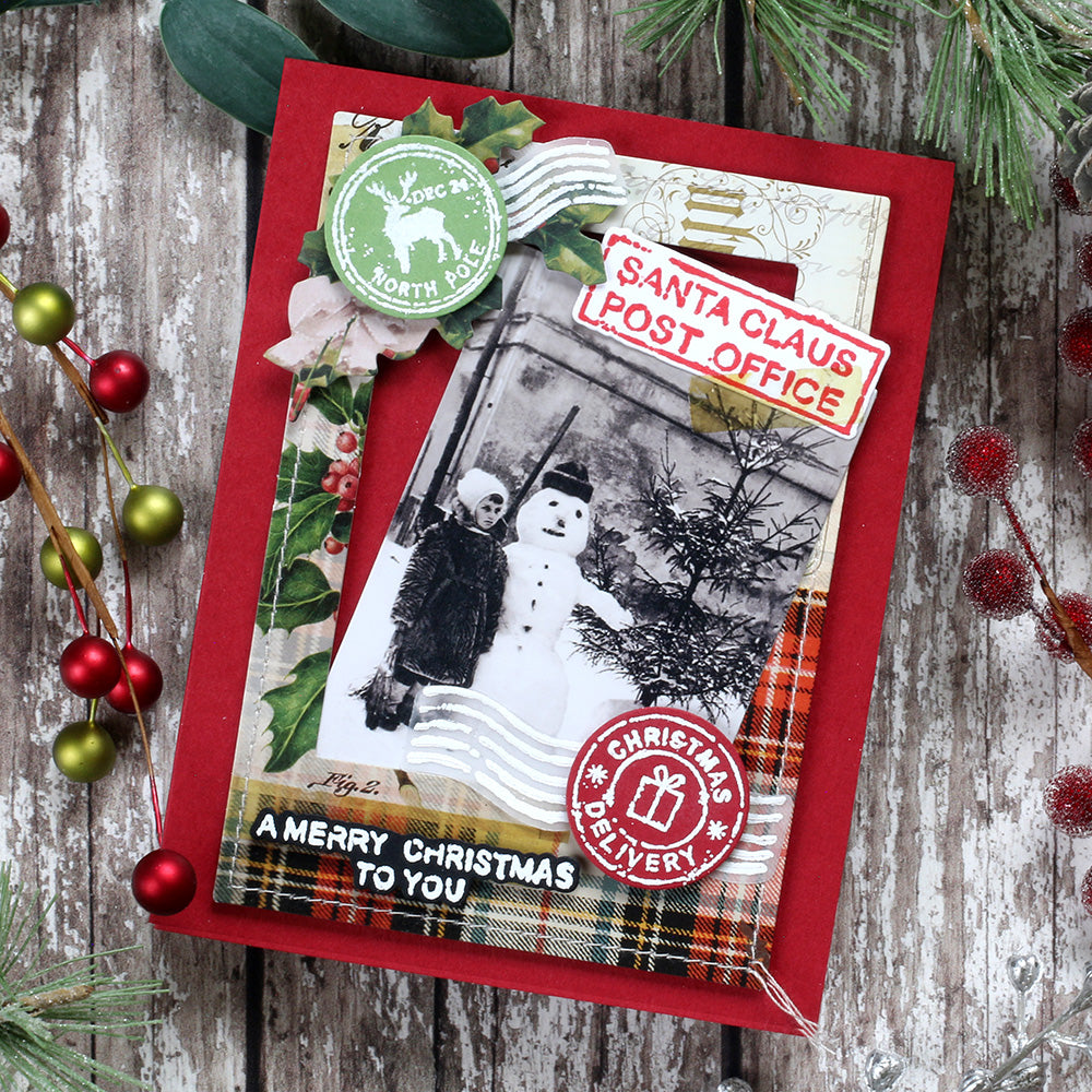 Tim Holtz Holiday Postmarks Stamps with Simon Says Stamp Dies Bundle sethp25 Christmas Card