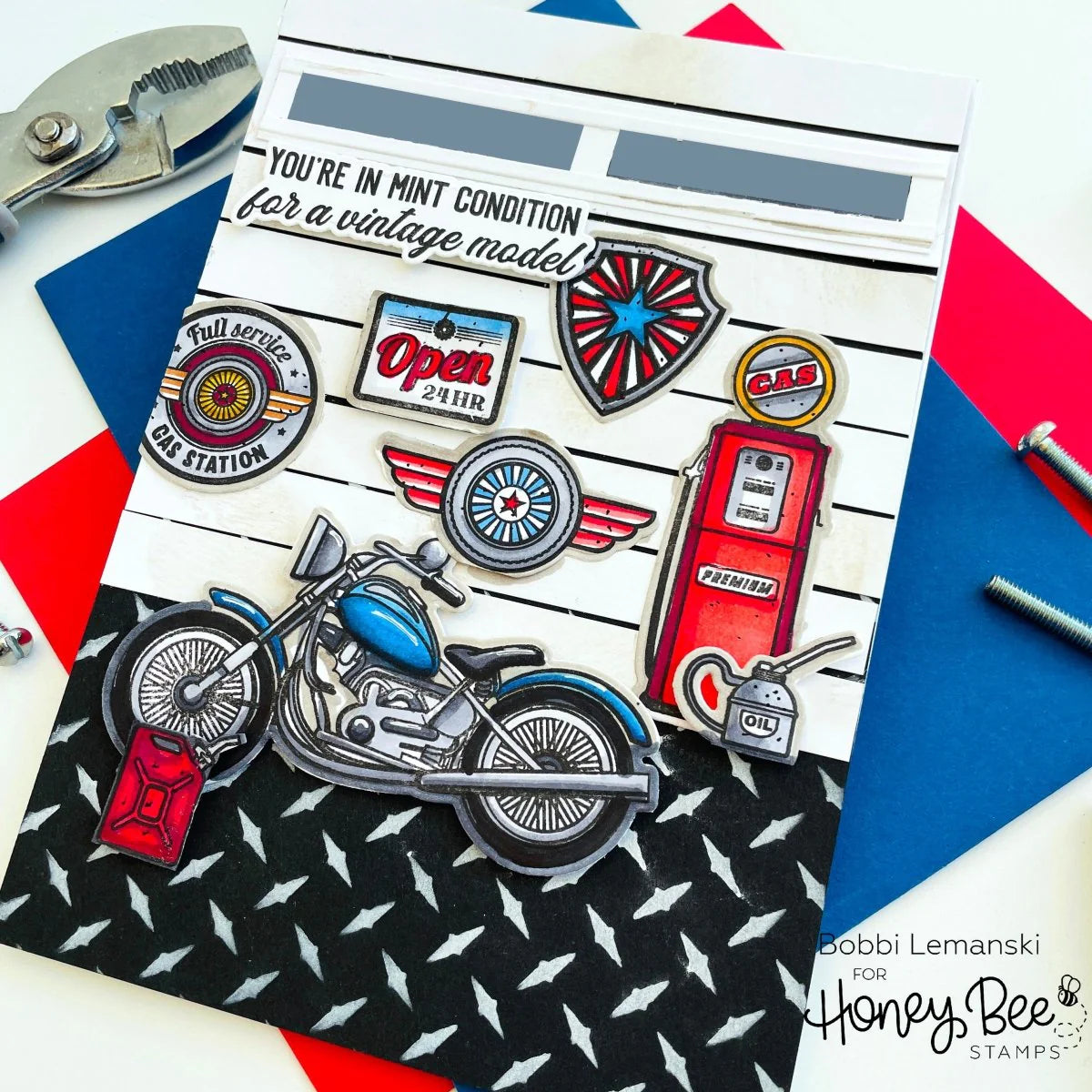 Honey Bee Dad's Garage Clear Stamps And Dies Bundle Bobbi Lemanski You're in Mint Condition for a Vintage Model Card