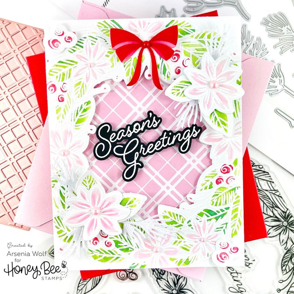 Honey Bee HOLIDAY WREATH Clear Stamp Set hbst-464 Arsenia Wolf Season's Greetings floral card