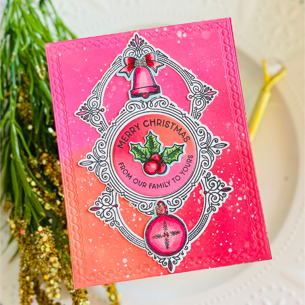 Honey Bee Holly Jolly Frames STAMPtember Exclusive Stamps 2489ssc Christmas Card Bright Pink