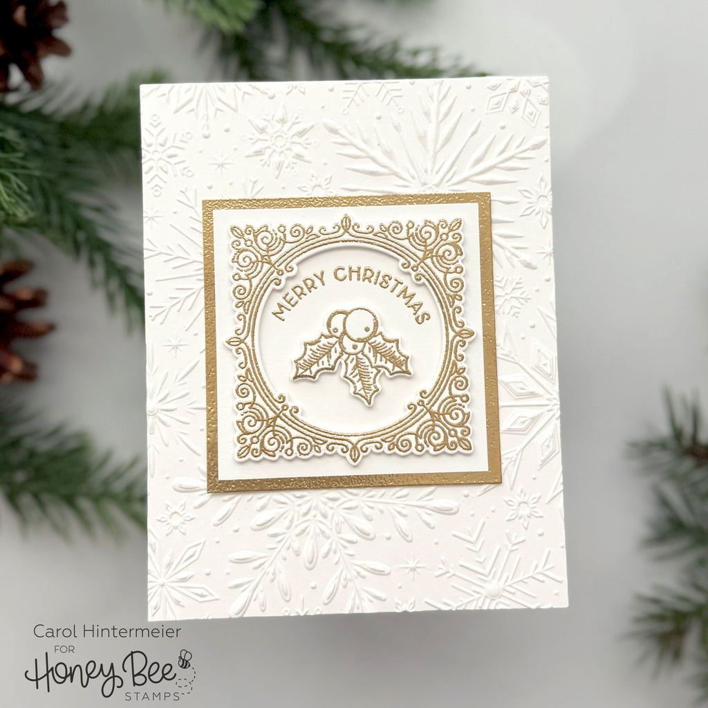 Honey Bee Holly Jolly Frames STAMPtember Exclusive Stamps 2489ssc Christmas Card White and Gold | color-code:ALT06
