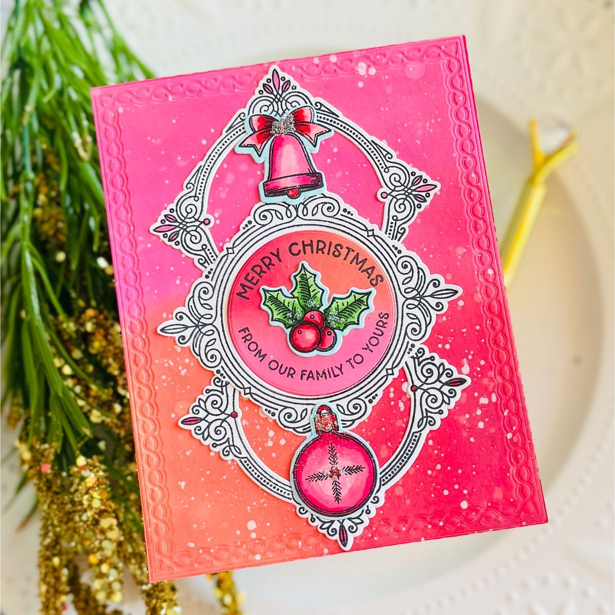 Honey Bee Holly Jolly Frames STAMPtember Exclusive Stamps and Dies Christmas Card Bold Pinks