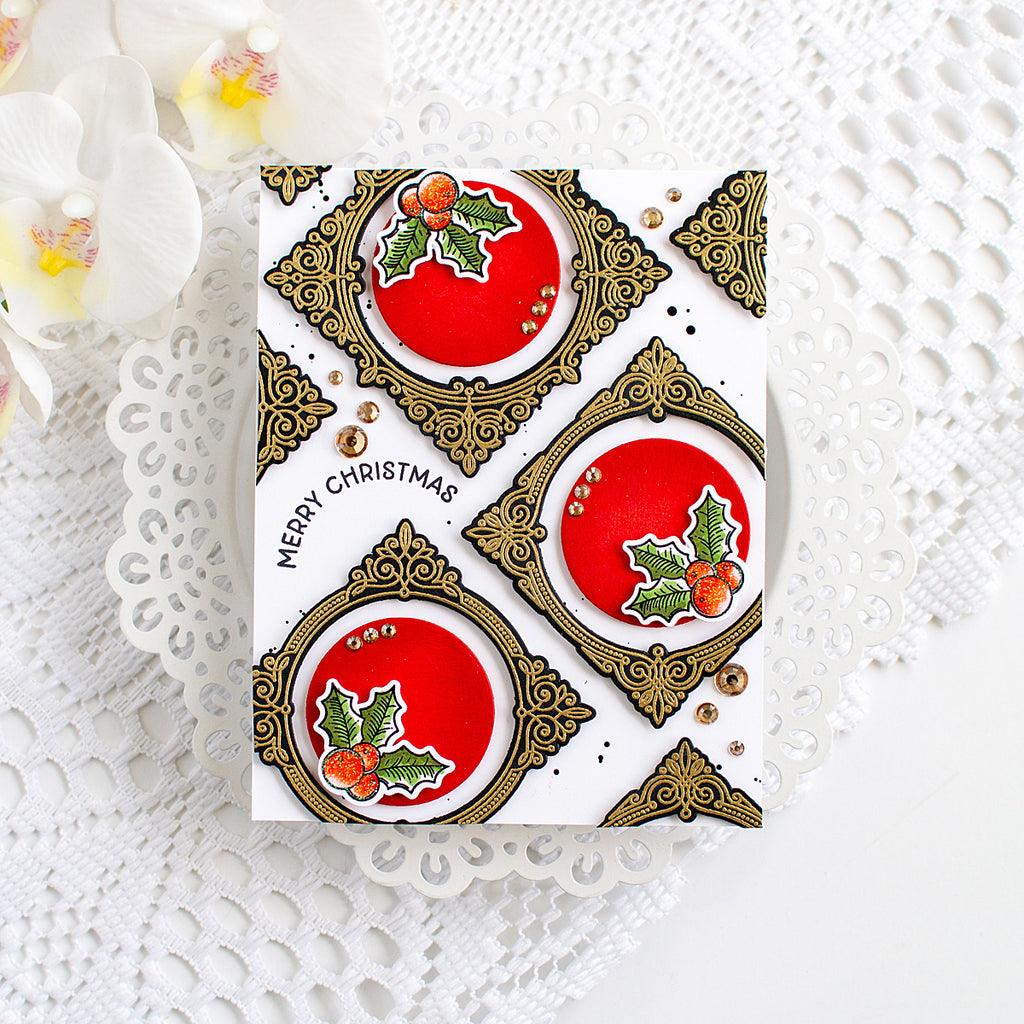 Honey Bee Holly Jolly Frames STAMPtember Exclusive Stamps and Dies Christmas Card Classic Red and Gilded | color-code:ALT04