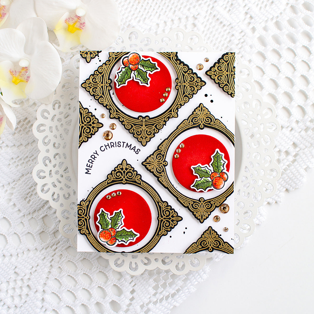 Honey Bee Holly Jolly Frames STAMPtember Exclusive Stamps and Dies Christmas Card Classic Red and Gilded | color-code:ALT04