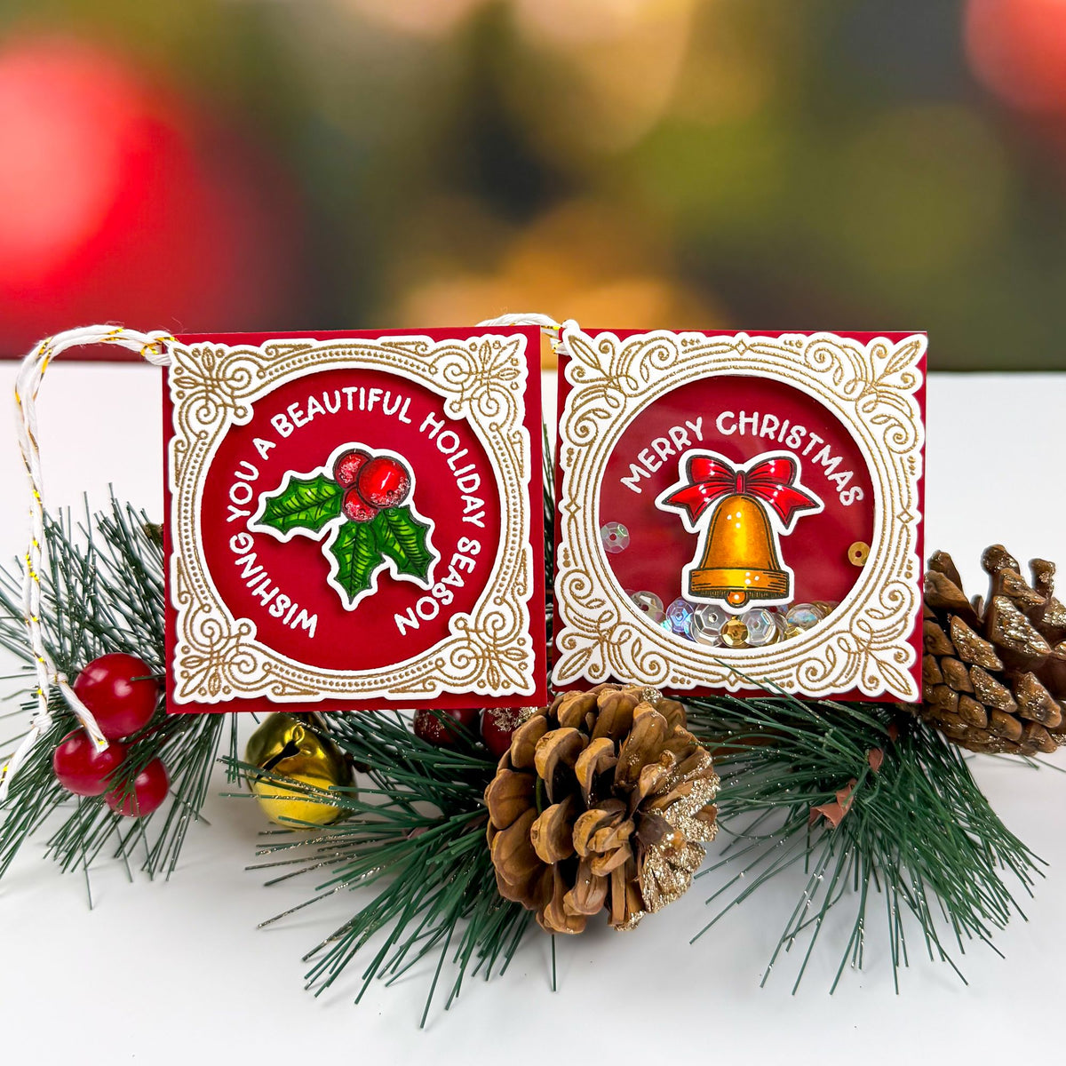 Honey Bee Holly Jolly Frames STAMPtember Exclusive Stamps and Dies Christmas Tags Classic Red