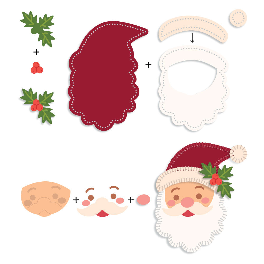 Honey Bee In Stitches Santa Dies hbds-santa assembly guide that shows pieces