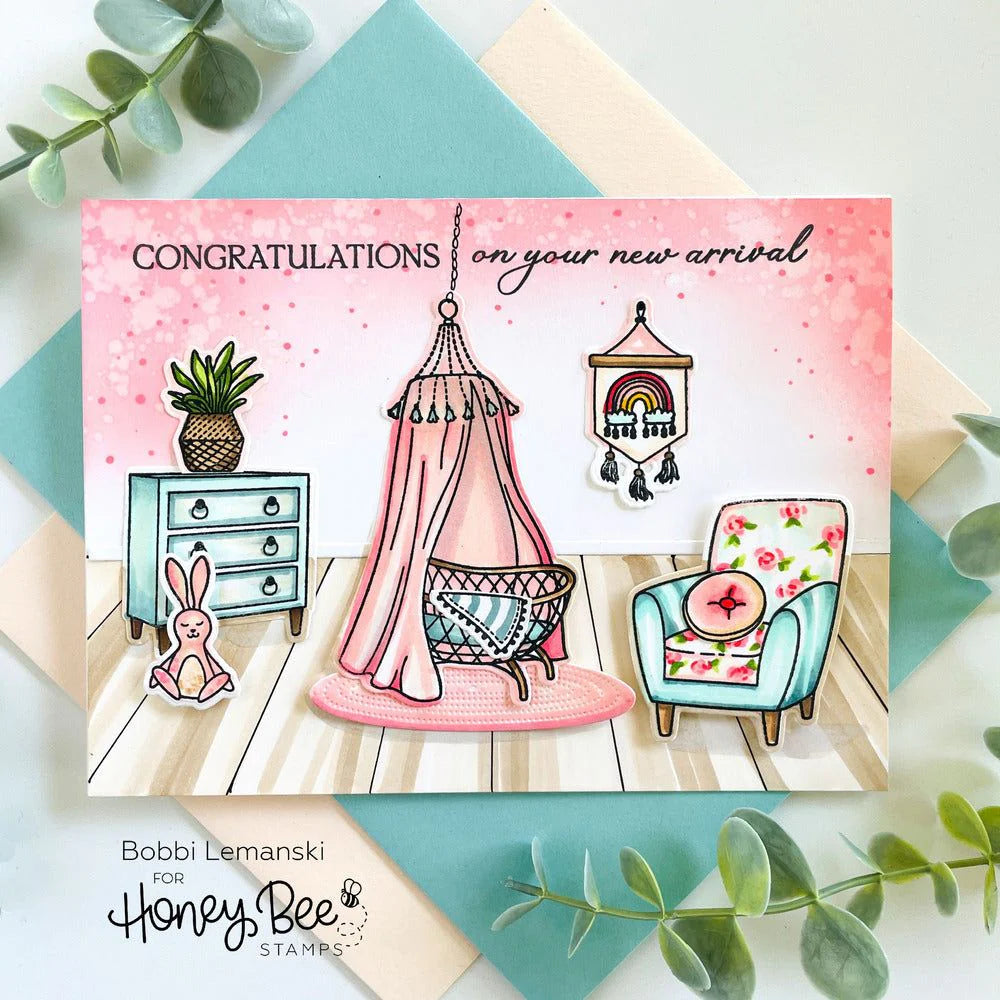 Honey Bee Inside Welcome Baby Sentiments Clear Stamps And Dies Bundle Bobbi Lemanski Congratulations on your new arrival Baby Card