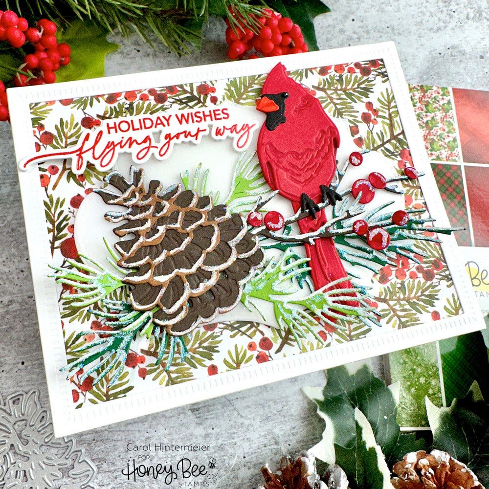 Honey Bee Let Nature Sing Clear Stamps And Dies Bundle Cardinal Pinecone Card by Carol Hintermeier