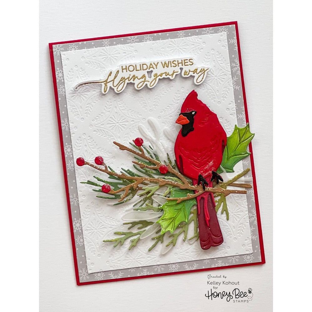 Honey Bee Let Nature Sing Clear Stamps And Dies Bundle Cardinal branch Card by Kelley Kohout