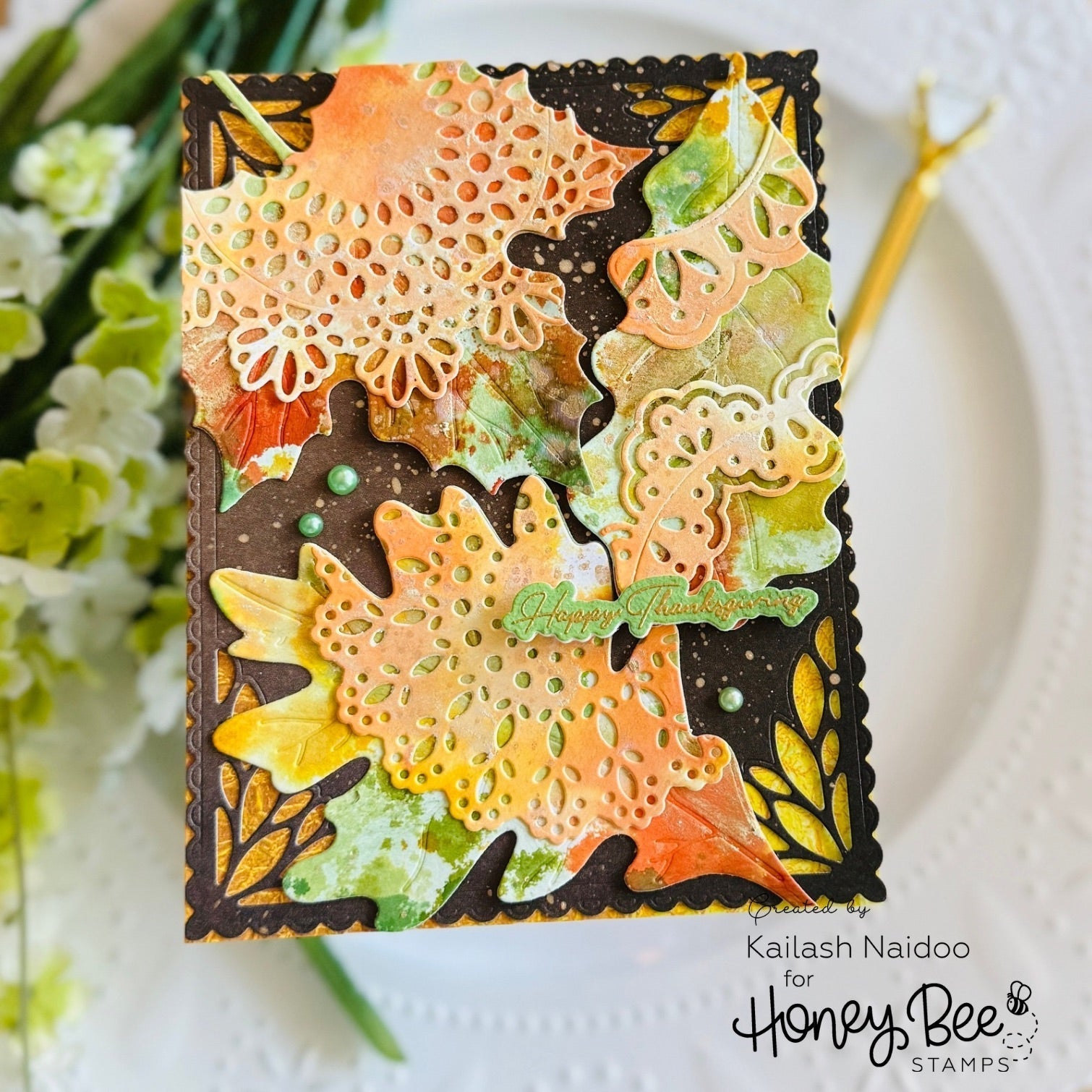 Honey Bee Lovely Layers Boho Leaves Dies hbds-llbhol Happy Thanksgiving Card