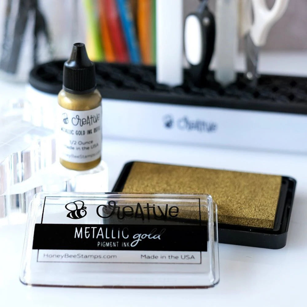 Honey Bee Metallic Gold Pigment Ink Pad And Reinker Bundle Glamour Shot with Open Ink Pad