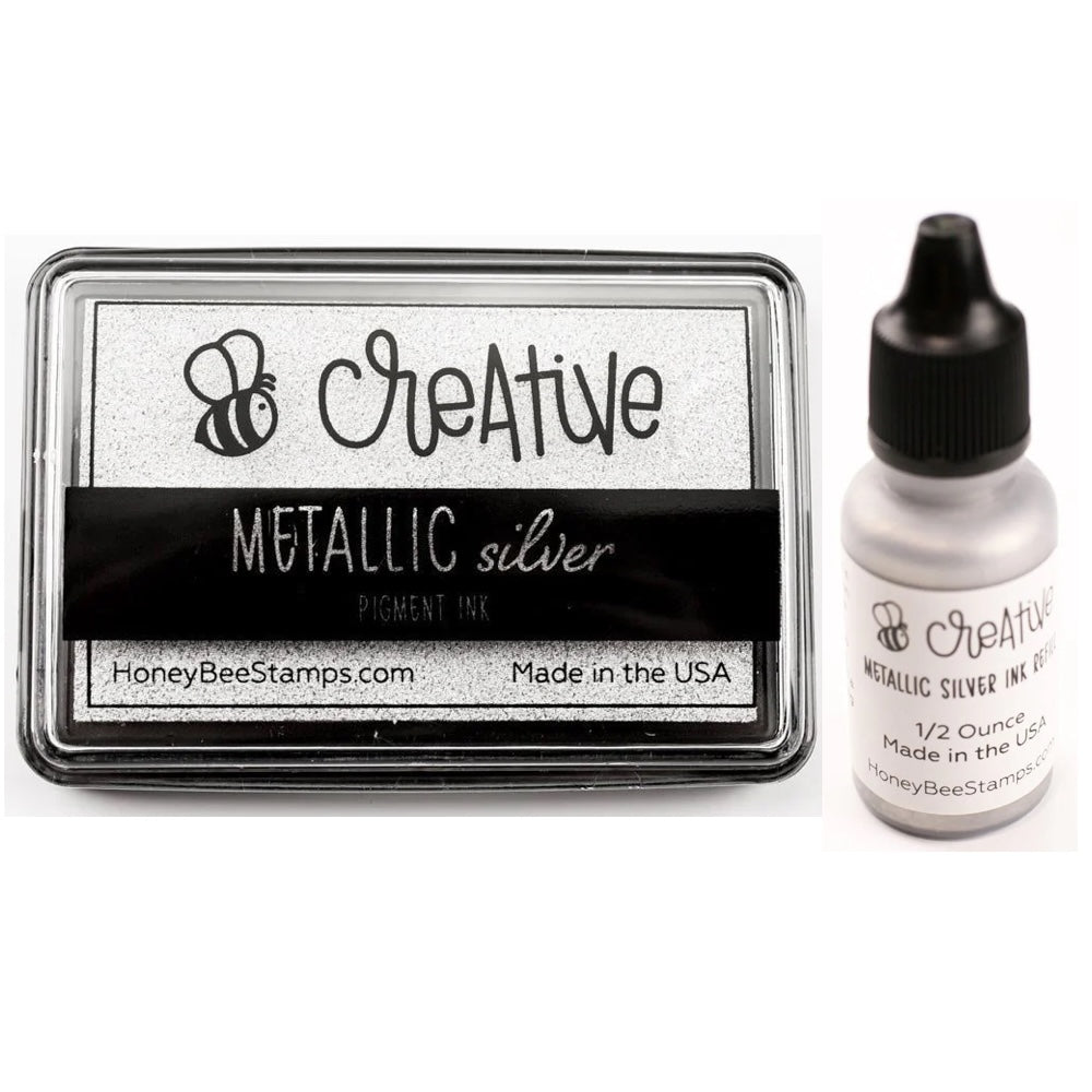Honey Bee Metallic Silver Pigment Ink Pad And Reinker Bundle