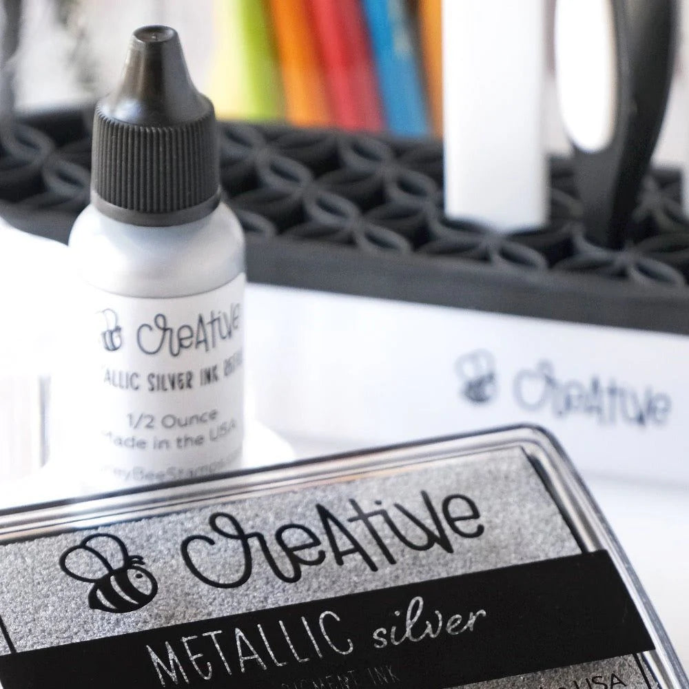 Honey Bee Metallic Silver Pigment Ink Pad And Reinker Bundle Close Up of Ink Pad and Reinker