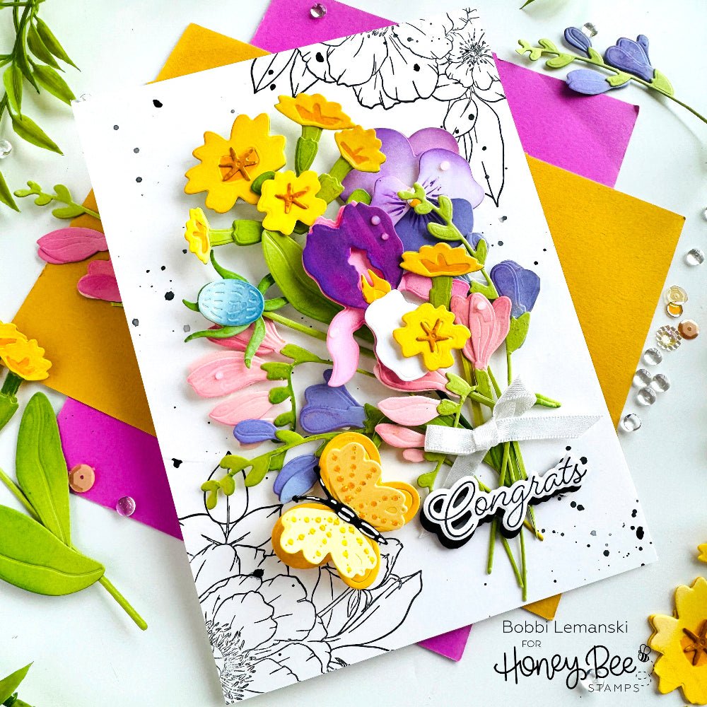 Honey Bee Perfect Peonies Dies hbds-686 Floral Congrats Card