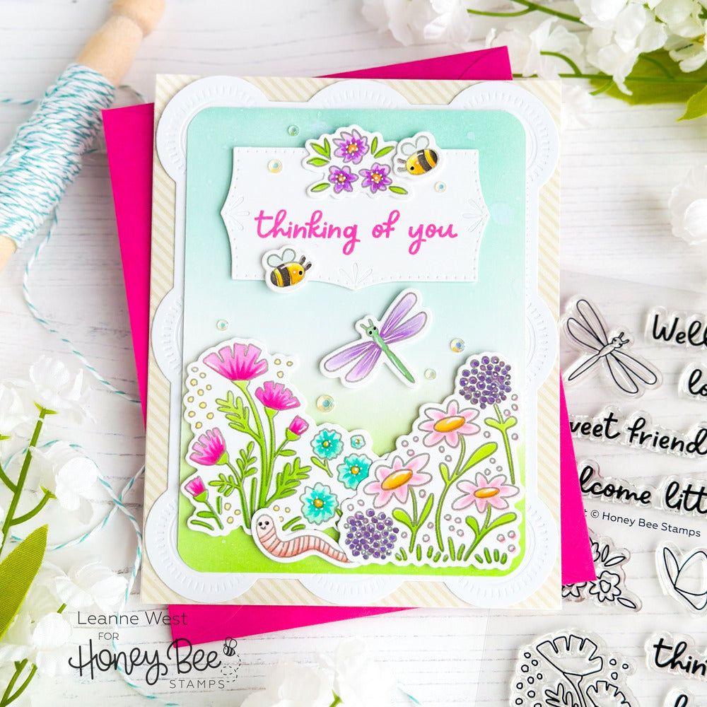Honey Bee Spring Meadow Clear Stamps And Stencils Bundle Thinking Of You Card